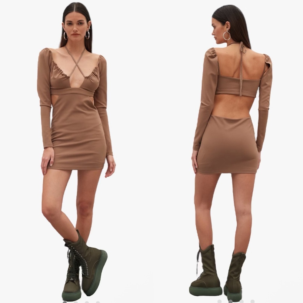 NWT ATOIR The Serpent Strappy Halter Long Sleeve Cutout Mini Dress in Lion US 8 - Picture 3 of 10